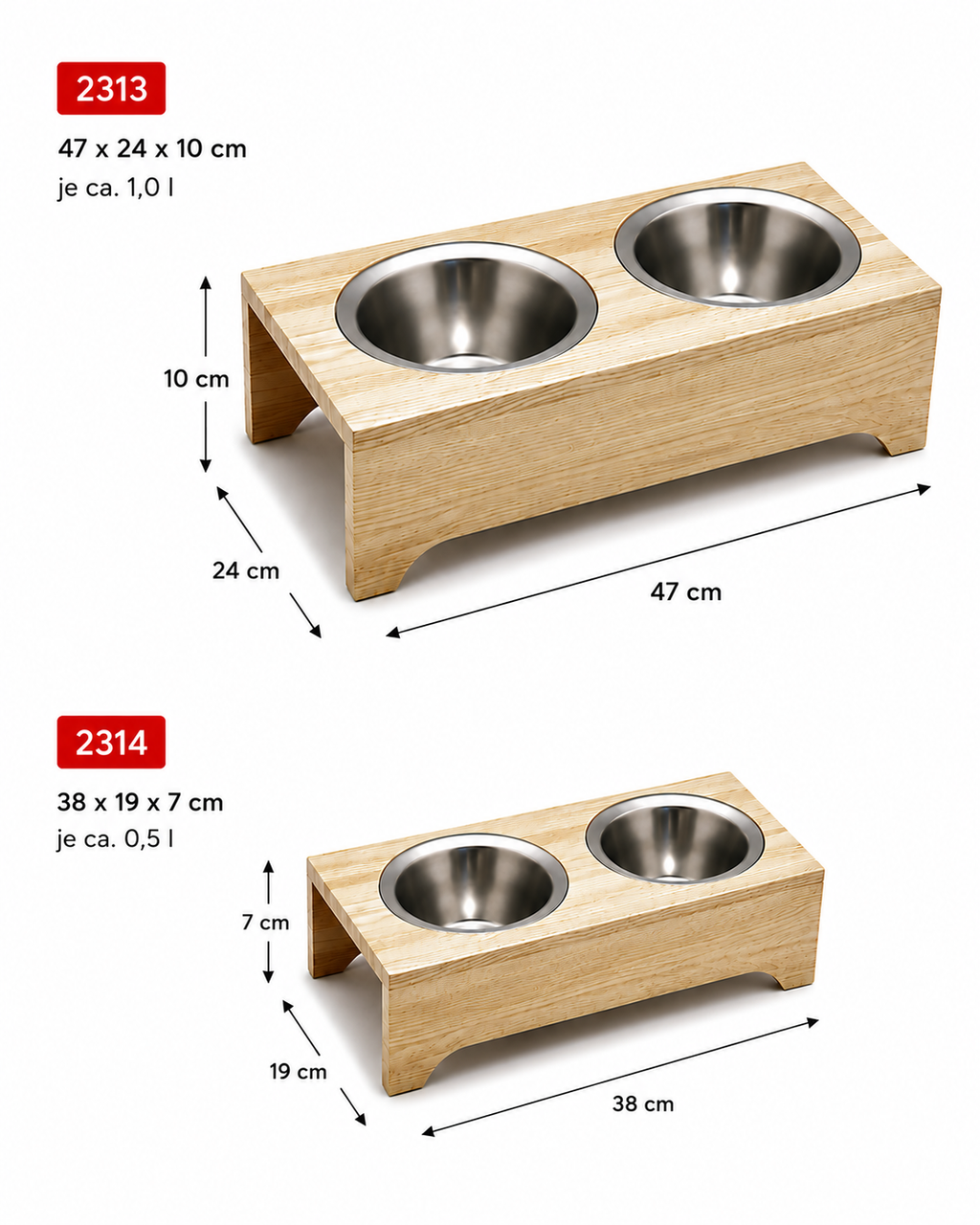 Futterstation „Spike & Tom“ aus massivem Eschenholz mit 2 Edelstahlnäpfen
