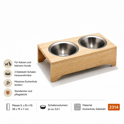 Futterstation „Spike & Tom“ aus Eschenholz mit 2 Edelstahlnäpfen für Katzen und kleinere Hunde