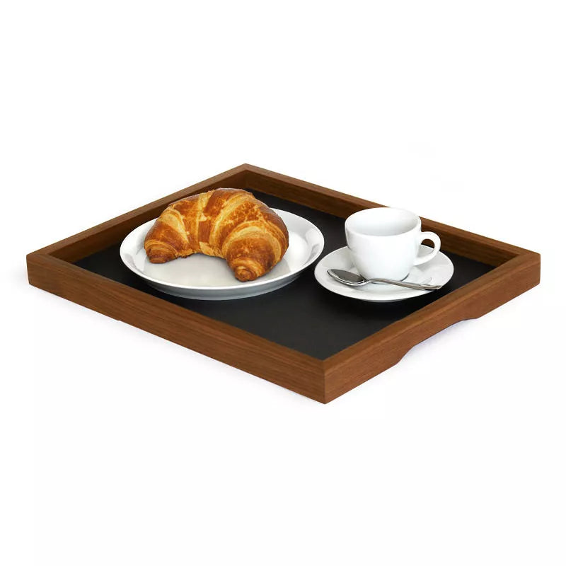 Kleines Serviertablett „Basic S“ aus geöltem Nussbaumholz mit schwarzer HPL-Fläche – 35,5 × 28 cm