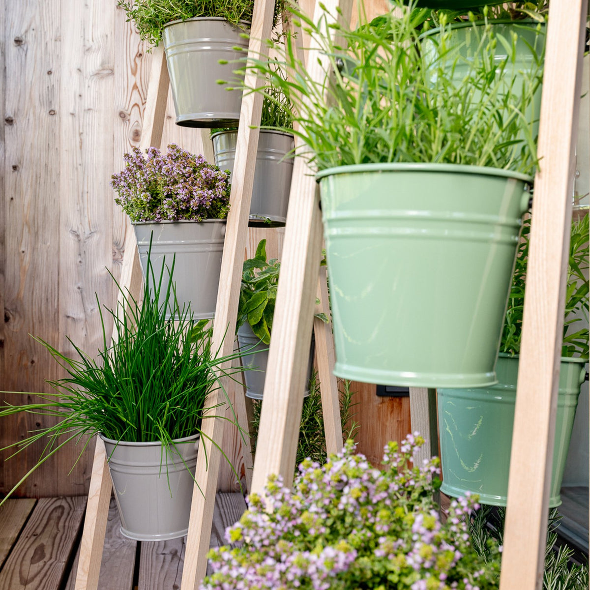 Pflanzleiter aus Eschenholz zum Aufstellen oder Anlehnen steingrau