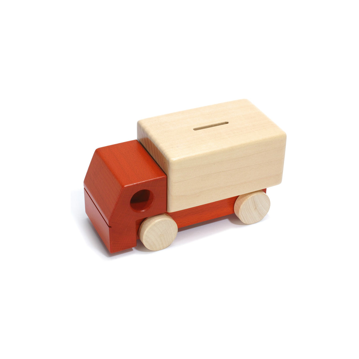 Holzspardose Lastwagen in Rot mit Schlüssel für Kinder ab 3 Jahren