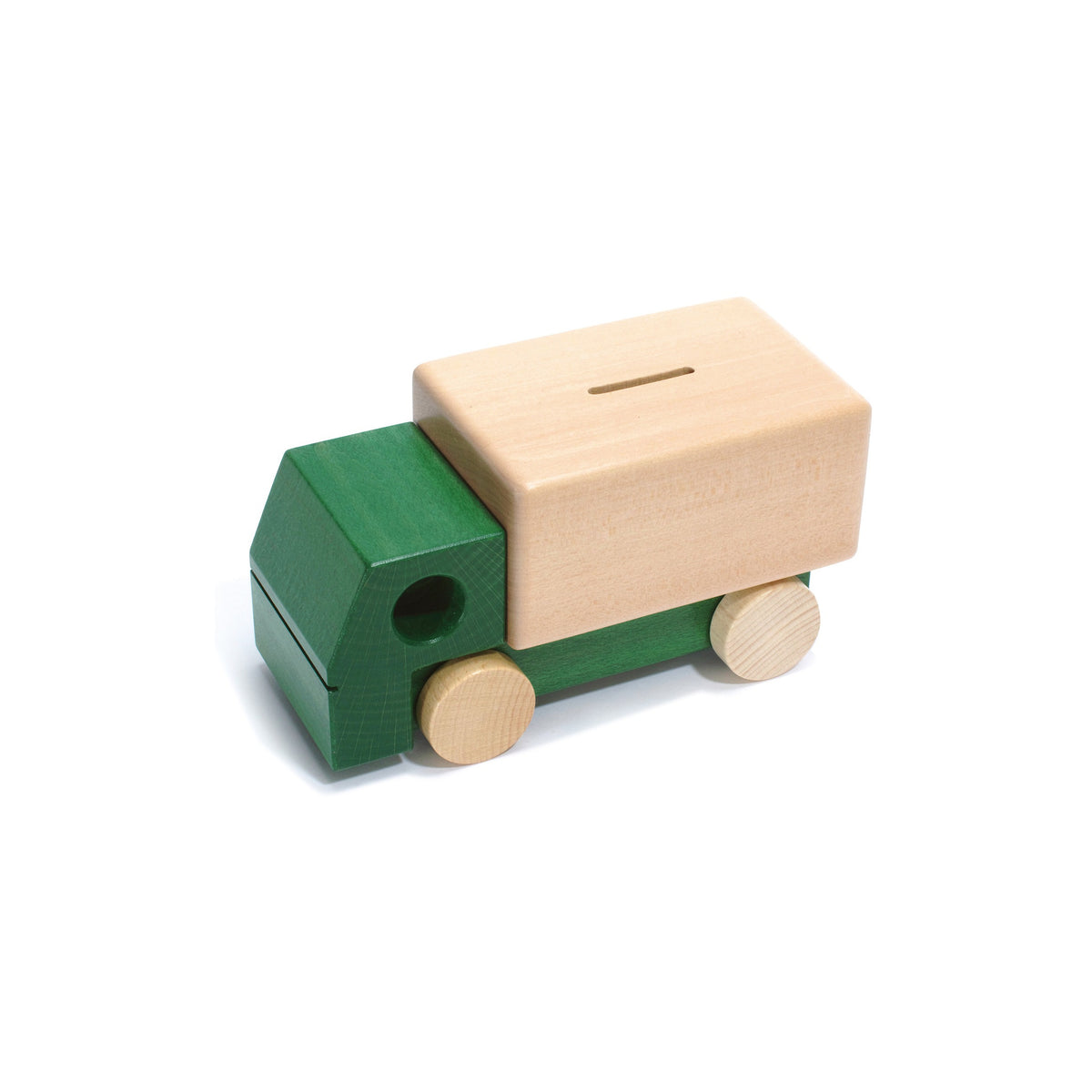 Holzspardose Lastwagen in Grün mit Schlüssel für Kinder ab 3 Jahren