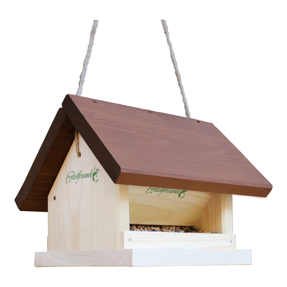 Vogelfuttersilo aus Massivholz zum Aufhängen mit 2 Futterseiten