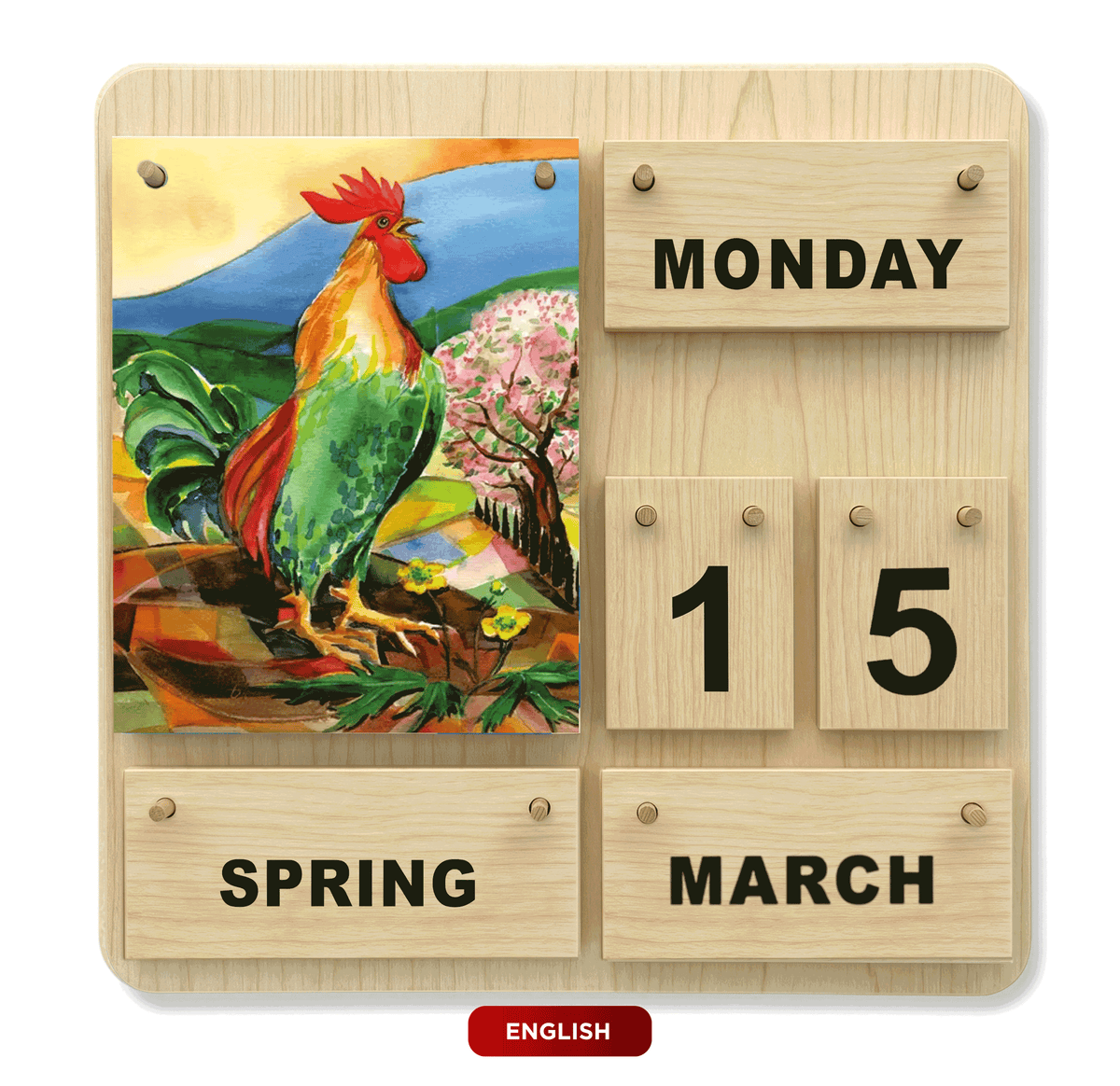 Englischer Four-Seasons-Dauerkalender aus Holz mit Jahreszeitenmotiven